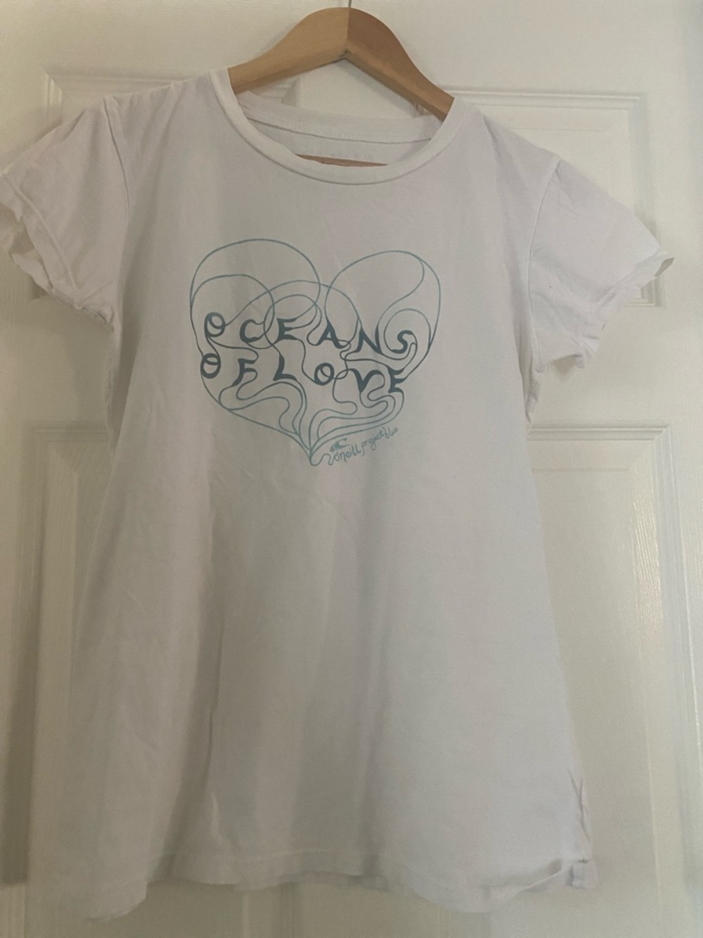 O'Neill White Tee with Teal Heart Graphic - project blue surf rider foundation